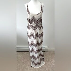 VENUS Cream and Brown Crochet Tank Maxi Dress with Side Slit - Size Medium